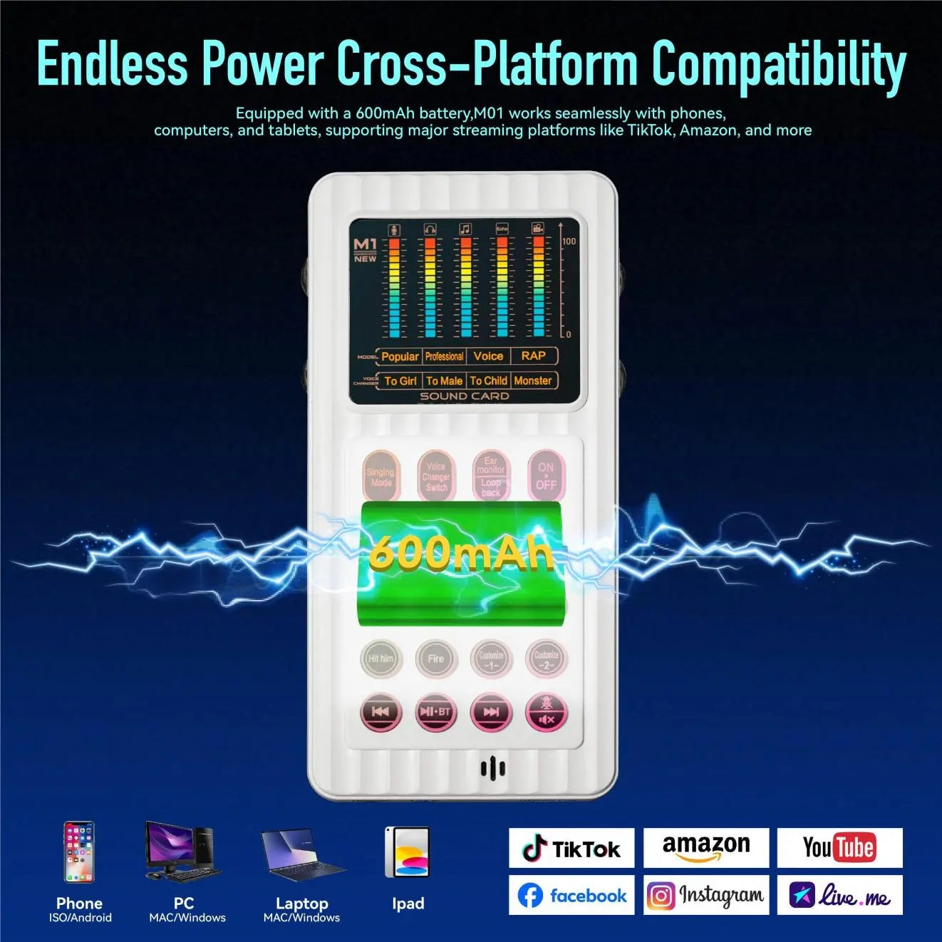 M01 Portable Mixer With Built-in Microphone For Outdoor Singing Interview Teaching, 2 Customizable Effects, 4 Voice Changers, 64 Timbres, Backing Vocal Function