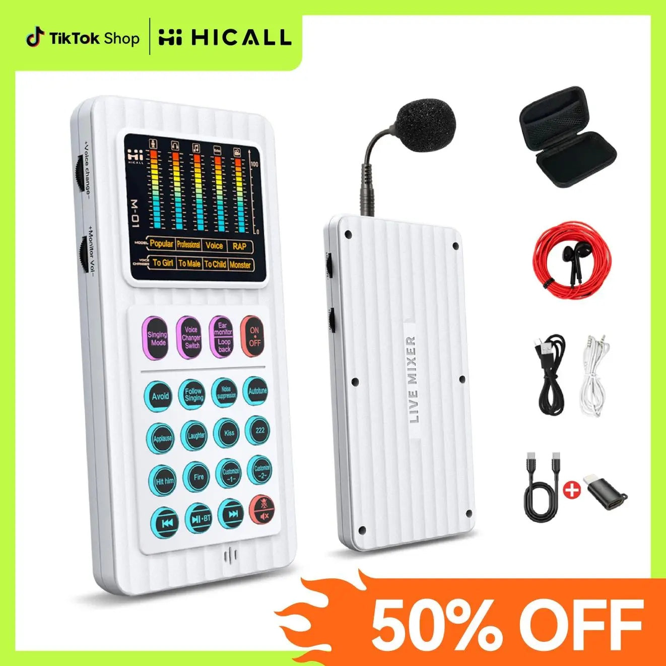 M01 Portable Mixer With Built-in Microphone For Outdoor Singing Interview Teaching, 2 Customizable Effects, 4 Voice Changers, 64 Timbres, Backing Vocal Function