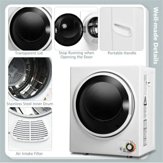 850W Compact Portable Clothes Dryer - 10 Lbs Wet Capacity, 5.5 Lbs Dry Load, Quiet Design  For Apartments Dorms