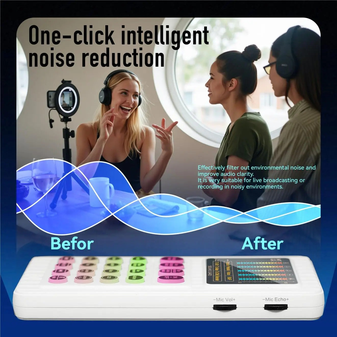 M01 Portable Mixer With Built-in Microphone For Outdoor Singing Interview Teaching, 2 Customizable Effects, 4 Voice Changers, 64 Timbres, Backing Vocal Function