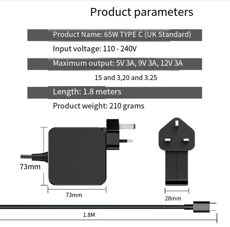 Compatible With Huawei, Xiaomi, Lenovo,  Laptop Power Adapter 20V3.25A 65W C Port Charger